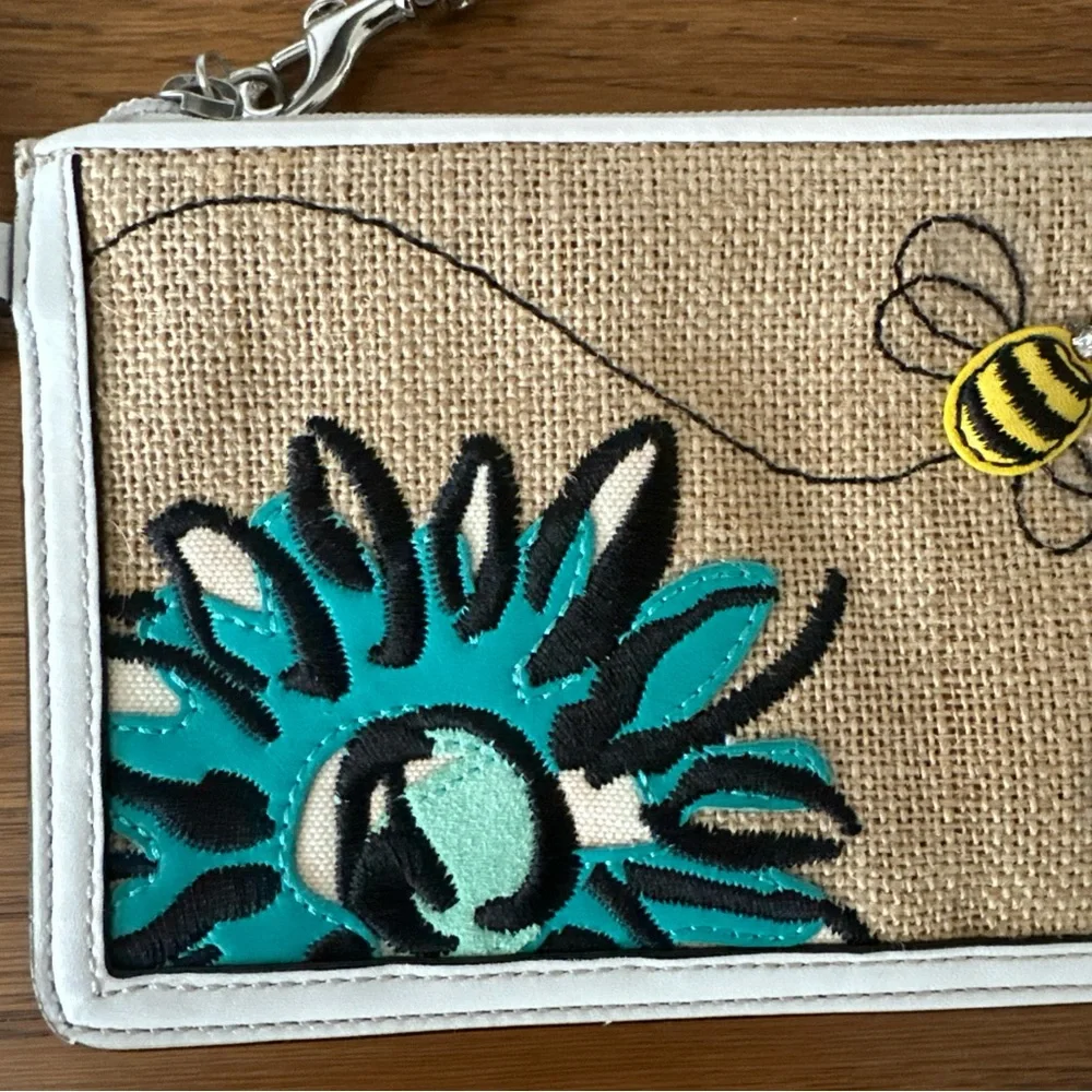 Coach Wristlet Pouch Floral Bumble Bee Crystals Burlap Leather Trim Zip Purse - Picture 4 of 15